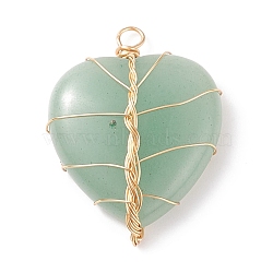 Natural Green Aventurine Pendants, with Light Gold Tone Copper Wire Wrapped, Heart, 38~41x30~31x9mm, Hole: 3~4mm(PALLOY-JF01653-01)