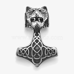 304 Stainless Steel Pendants, Thor's Hammer with Tiger, Antique Silver, 42.5x30x20mm, Hole: 6mm(STAS-F158-50AS)