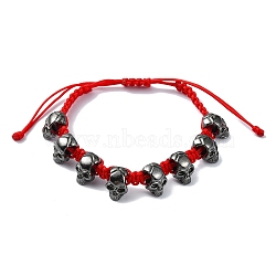 Halloween Theme Adjustable Nylon Cord Braided Beads Bracelets, Alloy Skull Charm Bracelets for Men Women, Crimson, Inner Diameter: 2~3-1/8 inch(5~7.8cm)(BJEW-JB10915-S)
