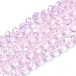 Electroplate Glass Beads Strands, AB Color Plated, Faceted, Rondelle, Pink, 6x5mm, Hole: 1mm, about 85~88pcs/strand, 16.1~16.5 inch(41~42cm)(EGLA-A034-T6mm-B12)
