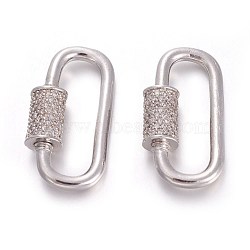 Brass Micro Pave Cubic Zirconia Screw Carabiner Lock Charms, for Necklaces Making, Platinum, 30.5~31x16x7mm(ZIRC-E158-14P)