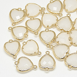 Glass Links connectors, with Golden Tone Brass Findings, Faceted, Heart, WhiteSmoke, 15x10x3mm, Hole: 1mm(GLAA-Q068-09A-17)