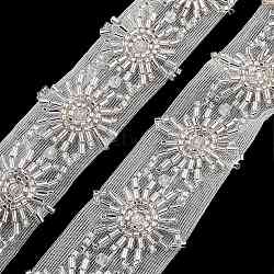 Polyester Flower Lace Trims, with ABS Imitation Pearl Beads and Glass, Floral White, 1-3/8 inch(34mm)(OCOR-A007-29)