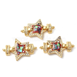 Rack Plating Brass Micro Pave Cubic Zirconia Star Connector Charms, with Enamel & Shell, Real 18K Gold Plated, Long-Lasting Plated, Lead Free & Cadmium Free, FireBrick, 16x24x4mm, Hole: 1.4mm(KK-K385-101G-01)