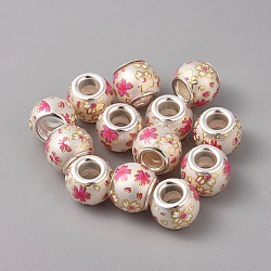 Opaque Printed Glass European Beads, Large Hole Beads, with Brass Silver Color Plated Core, Rondelle with Flower Pattern, Hot Pink, 12x10mm, Hole: 5mm(GPDL-G001-C01)