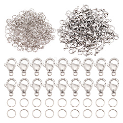 Elite 100Pcs 304 Stainless Steel Lobster Claw Clasps, with 300Pcs 304 Stainless Steel Open Jump Rings, Stainless Steel Color, 12x7x3.5mm, Hole: 1.5mm, Ring: 5x0.5mm(STAS-PH0004-81)