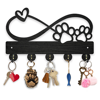 Wood & Iron Wall Mounted Hook Hangers, Decorative Organizer Rack, with 2Pcs Screws, 5 Hooks for Bag Clothes Key Scarf Hanging Holder, Paw Print, 183x300x7mm