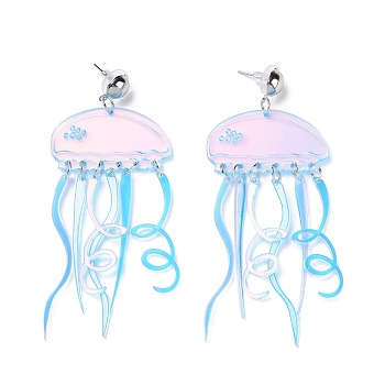 Acrylic Jellyfish Dangle Stud Earrings, Brass Long Drop Earrings for Women, Cyan, 81.5mm, Pin: 0.6mm