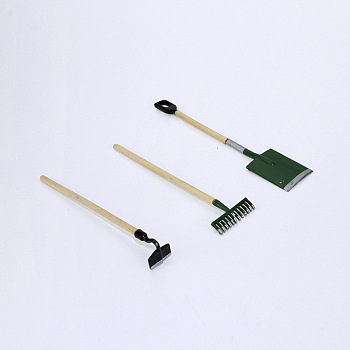 Miniature Alloy Spade & Harrows, Garden Tools, for Micro Landscape, Dollhouse Decor, Dark Green, 90~102x13~22mm, 3pcs/set