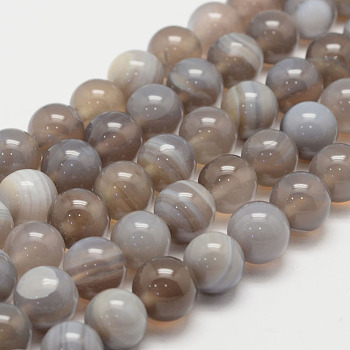 Natural Striped Agate/Banded Agate Bead Strands, Round, Grade A, Light Grey, 10mm, Hole: 1mm, about 37~38pcs/strand, 14.5 inch