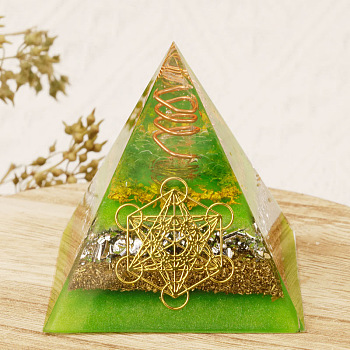 Resin Orgonite Pyramid Home Display Decorations, with Natural Gemstone Chips, Lime Green, 60x60x60mm