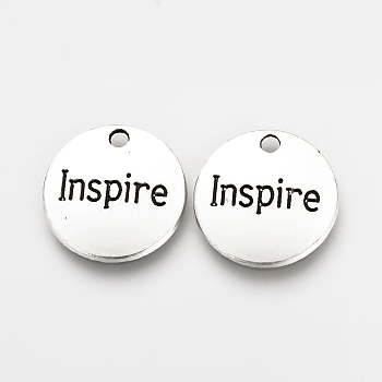 Tibetan Style Alloy Pendants, Inspirational Message Pendants, Flat Round with Word Inspire, Cadmium Free & Lead Free, Antique Silver, 20x2mm, Hole: 2mm