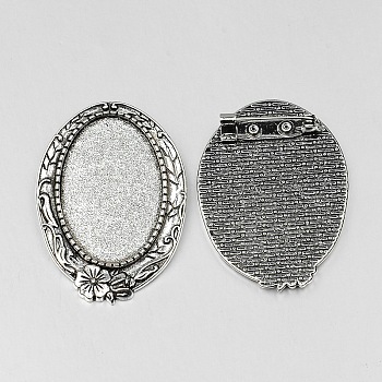 Vintage Tibetan Style Alloy Brooch Cabochon Bezel Settings, Cadmium Free & Lead Free, with Iron Pin Back Bar Findings, Antique Silver, Oval Tray: 20x30mm, 41x30x2.5mm, Pin: 0.8mm