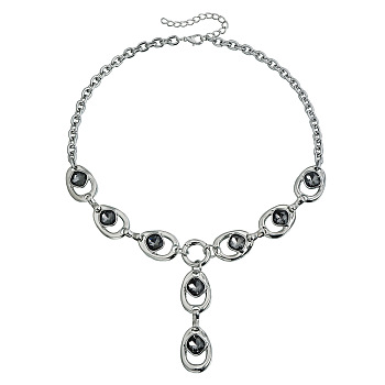 Alloy Glass Oval Pendant Y Necklaces for Women, Platinum, Black, 21.65 inch(55cm)