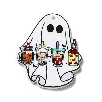 Halloween Printed Acrylic Pendants, Ghost with Drink Charm, White, 39.5x32.5x2.5mm, Hole: 1.8mm