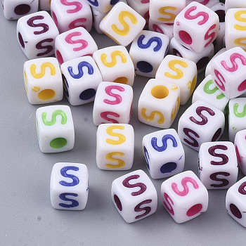 White Opaque Acrylic Beads, Horizontal Hole, Cube with Mixed Color Letter, Letter.S, 5x5x5mm, Hole: 2mm, about 5000pcs/500g