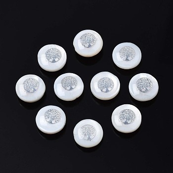 Natural Freshwater Shell Beads, with Brass Metal Embellishments, Flat Round with Tree, Platinum, 8x4~5mm, Hole: 0.6mm