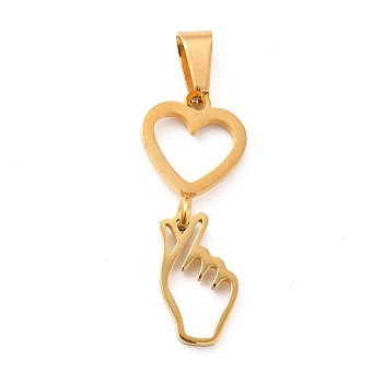 304 Stainless Steel Pendants, Gesture for Finger Heart Charms, Golden, 29mm, Hole: 7x4mm, heart: 16x11.5x1mm, hand: 14x8.5x1mm