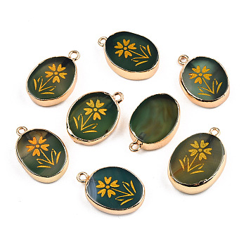 Natural Agate Pendants, with Light Gold Plated Brass Edge & Iorn Loops, Gold Powder, Dyed & Heated, Oval with Flower Charm, Dark Olive Green, 23~24x15~16.5x4~6.5mm, Hole: 1.6mm