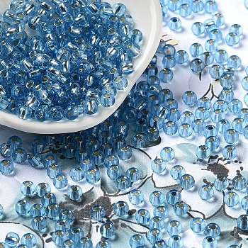 Glass Seed Beads, Silver Lined, Round Hole, Round, Dodger Blue, 4x3mm, Hole: 1.2mm, 6429pcs/pound