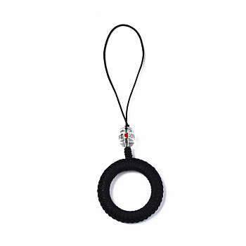 Polyester Tassel Woven Big Pendant Decorations, with Alloy Enamel Findings and Plastic Beads, Antique Silver, Black, 110~115mm