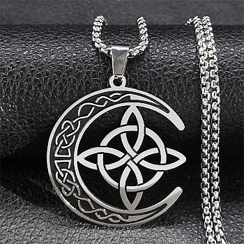 Moon with Trinity Knot 304 Stainless Steel Enamel Pendant Necklaces for Men Women, Stainless Steel Color, 19.45 inch(49.4cm)