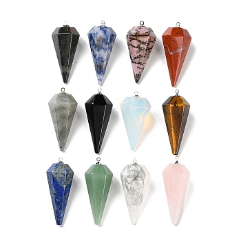 Natural & Synthetic Mixed Gemstone Pendants, Faceted Cone Charms with Platinum Tone Iron Pendant Bails, 38.5~43x15~18x17~20mm, Hole: 1.6mm