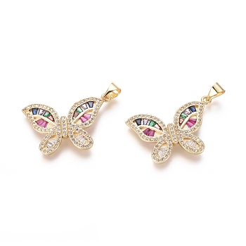 Golden Plated Brass Pendants, with Cubic Zirconia, Butterfly, Colorful, 29x25x3mm, Hole: 3.5x5mm