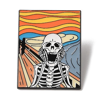 Black Alloy Brooches, Halloween Skeleton Enamel Pins, Orange, 33x26x1mm