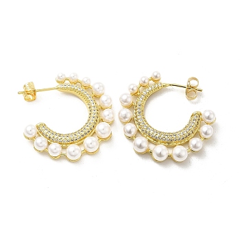 Clear Cubic Zirconia C-shape Stud Earrings with ABS Pearl Beaded, Brass Half Hoop Earrings for Women, Light Gold, 32x30x6mm, Pin: 0.7mm