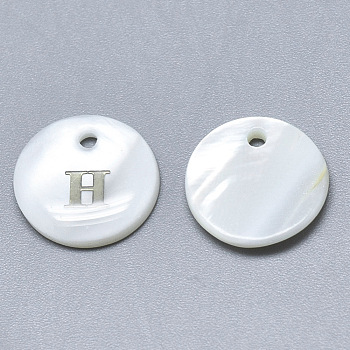 Natural White Shell Mother of Pearl Shell Charms, with Iron Sticker, Flat Round with Letter, Letter.H, 13x2mm, Hole: 1.5mm