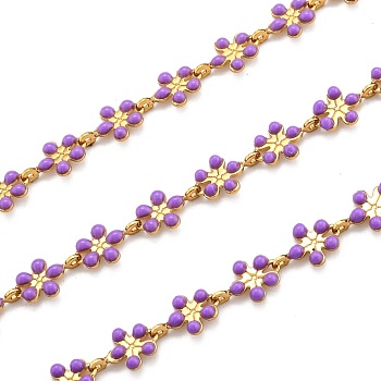 Golden Brass Enamel Link Chain, Long-Lasting Plated, with Spool, Unwelded, Flower, Purple, 9x6x1mm, 32.8 Feet(10m)/roll