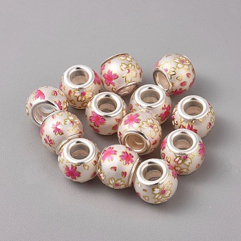 Opaque Printed Glass European Beads, Large Hole Beads, with Brass Silver Color Plated Core, Rondelle with Flower Pattern, Hot Pink, 12x10mm, Hole: 5mm