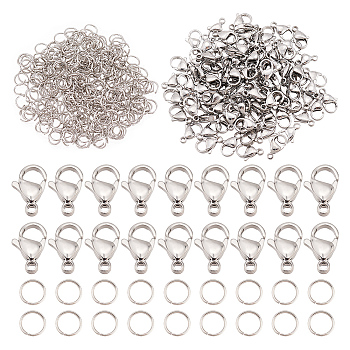 Elite 100Pcs 304 Stainless Steel Lobster Claw Clasps, with 300Pcs 304 Stainless Steel Open Jump Rings, Stainless Steel Color, 12x7x3.5mm, Hole: 1.5mm, Ring: 5x0.5mm