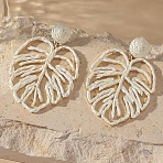 Iron Raffia Dangle Stud Earrings, Leaf, Light Gold, with 316 Stainless Steel Pins, White, 70x45mm(FS-WGBBE68-03)