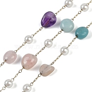 Ion Plating(IP) 304 Stainless Steel Paperclip Chains, with Natural Gemstone Beaded and ABS Plastic Pearl, Real 18K Gold Plated, 11x7x4x5mm, about 32.81 Feet(10m)/Roll(CHS-D037-01A)