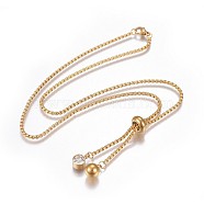 304 Stainless Steel Pendant Necklaces, with Box Chain, Rhinestone and Lobster Claw Clasps, Round, Golden, 20.27 inch(51.5cm)(NJEW-P252-07G)