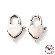 925 Sterling Silver Lobster Claw Clasps, Heart Padlock, Antique Silver, 13.5x8x3~3.5mm, Hole: 0.9mm, Inner Diameter: 3x5mm(STER-D036-02AS)