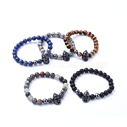 Natural Gemstone Stretch Beaded Bracelets, with Non-Magnetic Synthetic Hematite Beads and Brass Micro Pave Cubic Zirconia Gladiator Helmet Beads, Inner Diameter: 2-1/8 inch(5.5cm)(BJEW-JB05174)