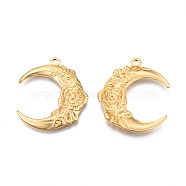 Ion Plating(IP) 201 Stainless Steel Pendants, Moon with Flower, Real 18K Gold Plated, 30x26.5x3mm, Hole: 2mm(X-STAS-N098-066LG)