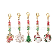 5Pcs 5 Styles Christmas Alloy Enamel Pandant Decorations, Glass Seed Beads & Lobster Claw Clasps Charms for Bag Ornaments, Mixed Color, 60~64mm, 1pc/style(HJEW-JM01948)