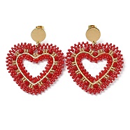Woven Glass Beaded Heart Dangle Stud Earrings, with Vacuum Plating 304 Stainless Steel Pins, Red, 55x47mm(EJEW-A105-09G)