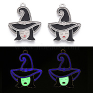 Halloween Theme Rack Plating Luminous Alloy Enamel Pendants, Glow in the Dark, Witch with Hat Charm, Platinum, 29.5x23.5x1.5mm, Hole: 1.6mm(ENAM-N056-235P-1)