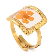 Dark Orange Square Epoxy Resin with Dry Flower Adjustable Rings, Ion Plating(IP) 316 Surgical Stainless Steel Ring, Real 18K Gold Plated, Inner Diameter: 17mm(RJEW-G304-03G-01)