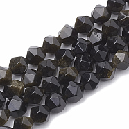 Natural Golden Sheen Obsidian Beads Strands, Star Cut Round Beads, Faceted, 12x11~12mm, Hole: 1.2mm, about 30~32pcs/strand, 14.2~14.6 inch(G-S332-12mm-012)