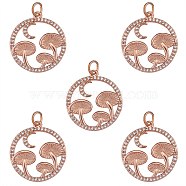 5Pcs Brass Micro Pave Clear Cubic Zirconia Pendants, Long-Lasting Plated, Flat Round with Mushroom, Rose Gold, 21x19x3mm, Hole: 3.5mm(ZIRC-SZ0003-33A)