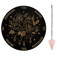AHADERMAKER Custom PVC Plastic Pendulum Board, with Natural Rose Quartz Stone Pendants, and 304 Stainless Steel Cable Chain Dowsing Divination Board, for Witchcraft Wiccan Altar Supplies, Flat Round, Flower Pattern(DIY-GA0004-45A)