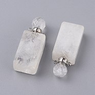 Faceted Natural Quartz Crystal Openable Perfume Bottle Pendants, Rock Crystal, with 304 Stainless Steel Findings, Cuboid, Stainless Steel Color, 42~45x16.5~17x11mm, Hole: 1.8mm, Bottle Capacity: 1ml(0.034 fl. oz)(G-P435-C-01P)
