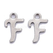 304 Stainless Steel Pendants, Alphabet, Stainless Steel Color, Letter.F, 11x7x1mm, Hole: 1.5mm(STAS-Z023-F)
