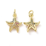 Brass Micro Pave Cubic Zirconia Pendants, with Jump Ring, Real 18K Gold Plated, Starfish Charms, Colorful, 14.5x12x2mm, Jump Ring: 5x0.8mm, Inner Diameter: 3.2mm
(KK-E068-VF112)